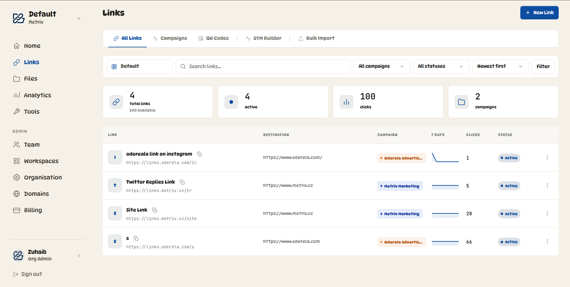 Metriv links dashboard